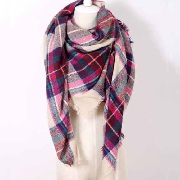 Pink Wool Plaid Tartan Blanket Scarf New Beige Red - Picture 2 of 9